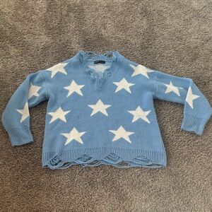 Starry Blue V-Neck Distressed Sweater